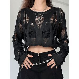 Wicked Silk Goth Punk Rock Shredded Crop Black Knit Sweater Top - L
